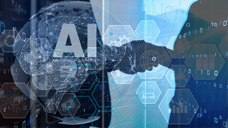 Image of ai brain and technological features in icons and  business people